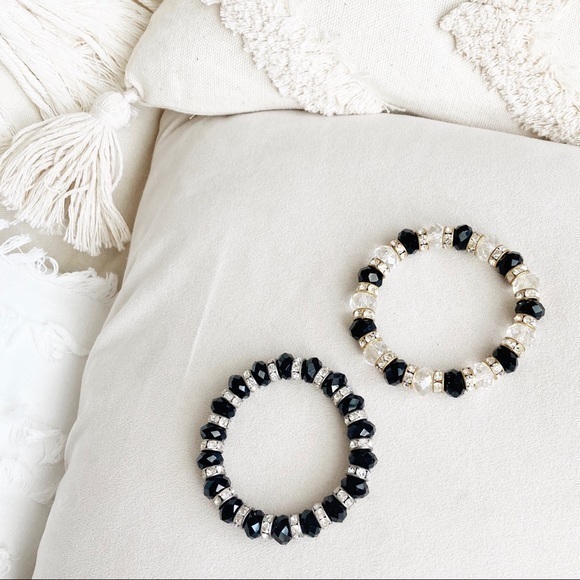 2 Stretch Bracelets Rhinestone Black Crystal Gold - Picture 2 of 5